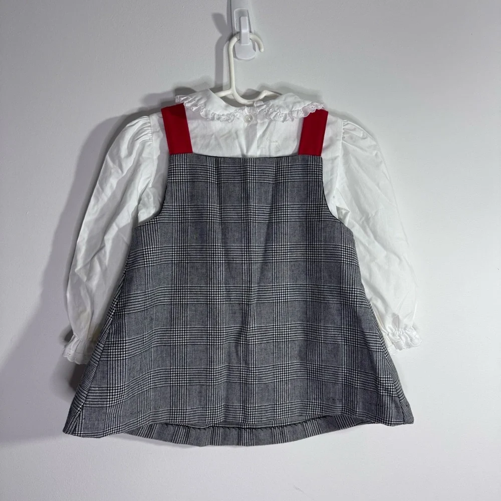 Vintage Girls Plaid Jumper Dress Set 4T Dog Applique USA